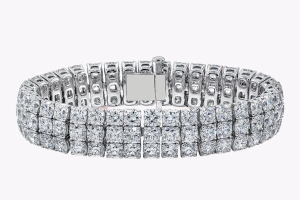 44.30 Carats Total Cushion Cut Diamond Three-Row Tennis Bracelet in White Gold