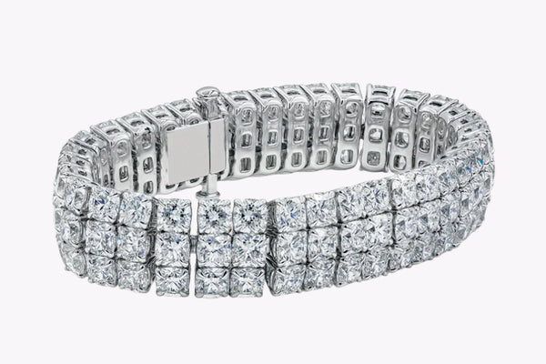 44.30 Carats Total Cushion Cut Diamond Three-Row Tennis Bracelet in White Gold