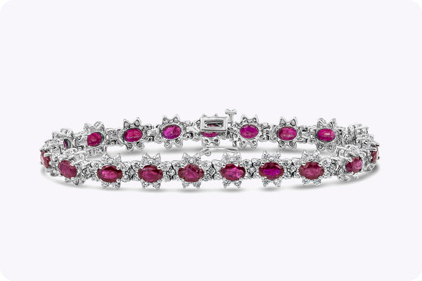 10.15 Carats Total Oval Cut Ruby with Diamond Flower Motif Bracelet in White Gold