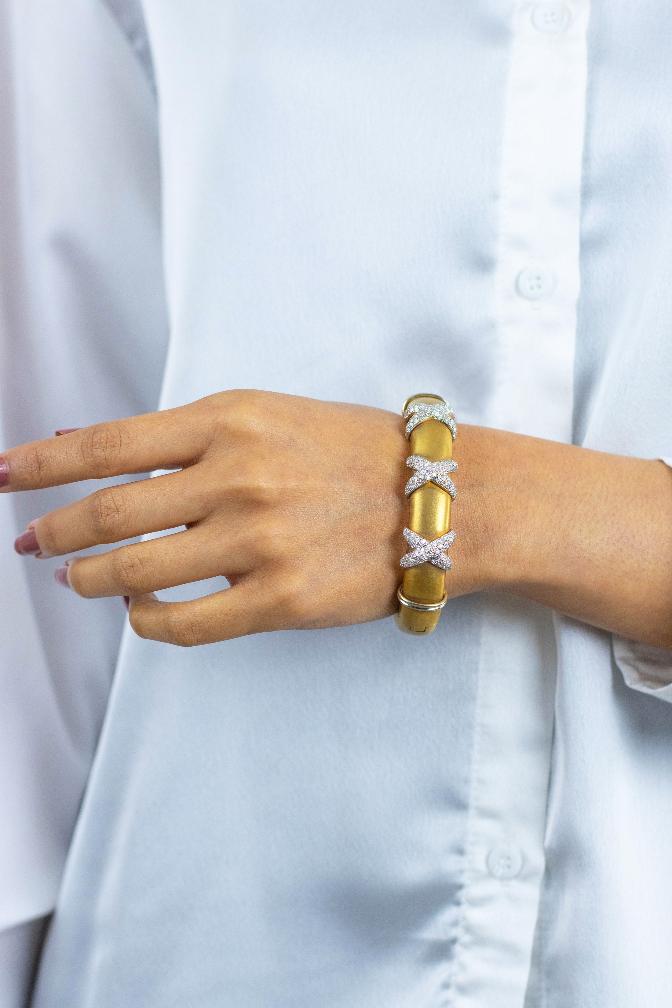 Triple Cross Diamond Thick Bangle Bracelet in White Gold & Yellow Gold