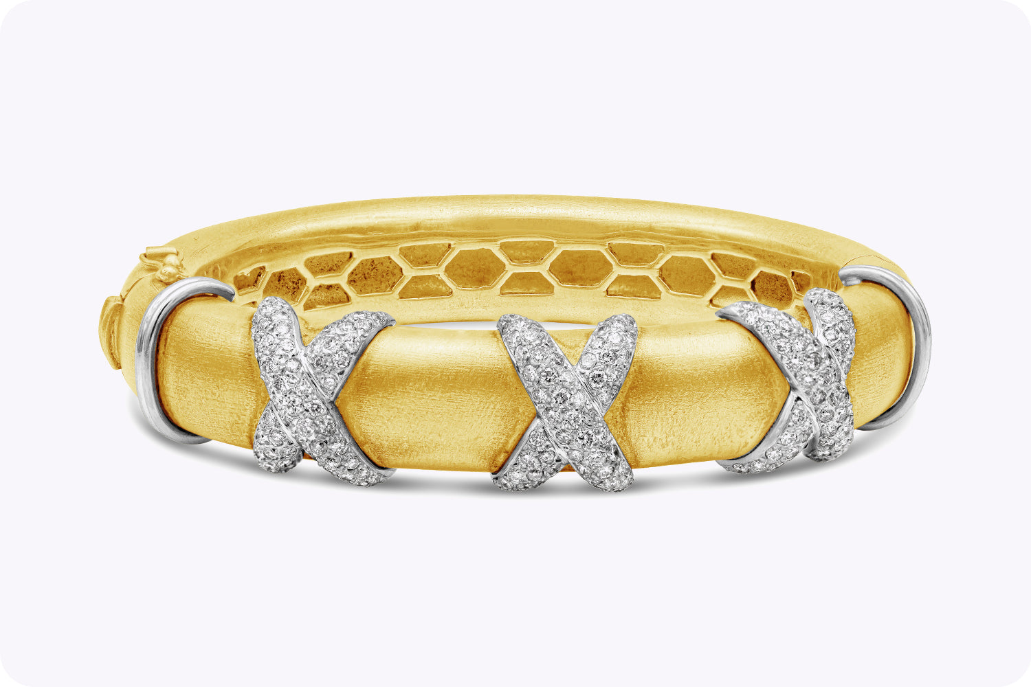 Triple Cross Diamond Thick Bangle Bracelet in White Gold & Yellow Gold