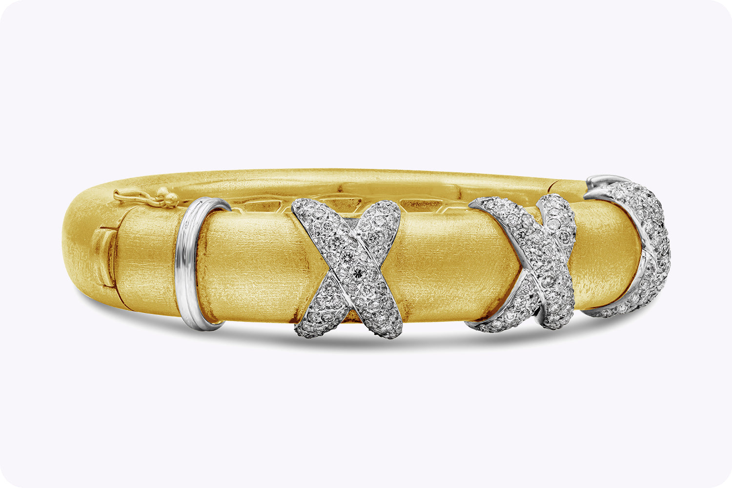 Triple Cross Diamond Thick Bangle Bracelet in White Gold & Yellow Gold