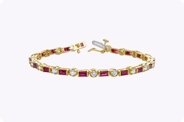 3.60 Carats Total Baguette Cut Ruby & Round Cut Diamond Fashion Bracelet in Yellow Gold
