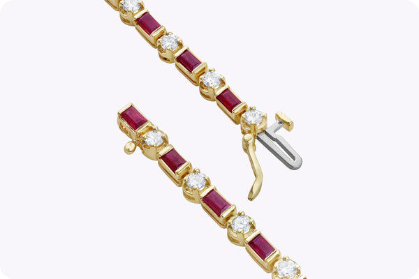 Total Baguette Cut Ruby & Round Cut Diamond Fashion Bracelet in Yellow Gold