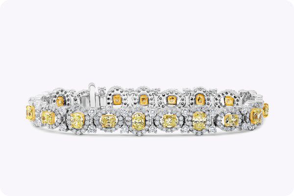 6.21 Carats Oval Cut Fancy Yellow Diamond Halo Tennis Bracelet in Two-Tone Gold