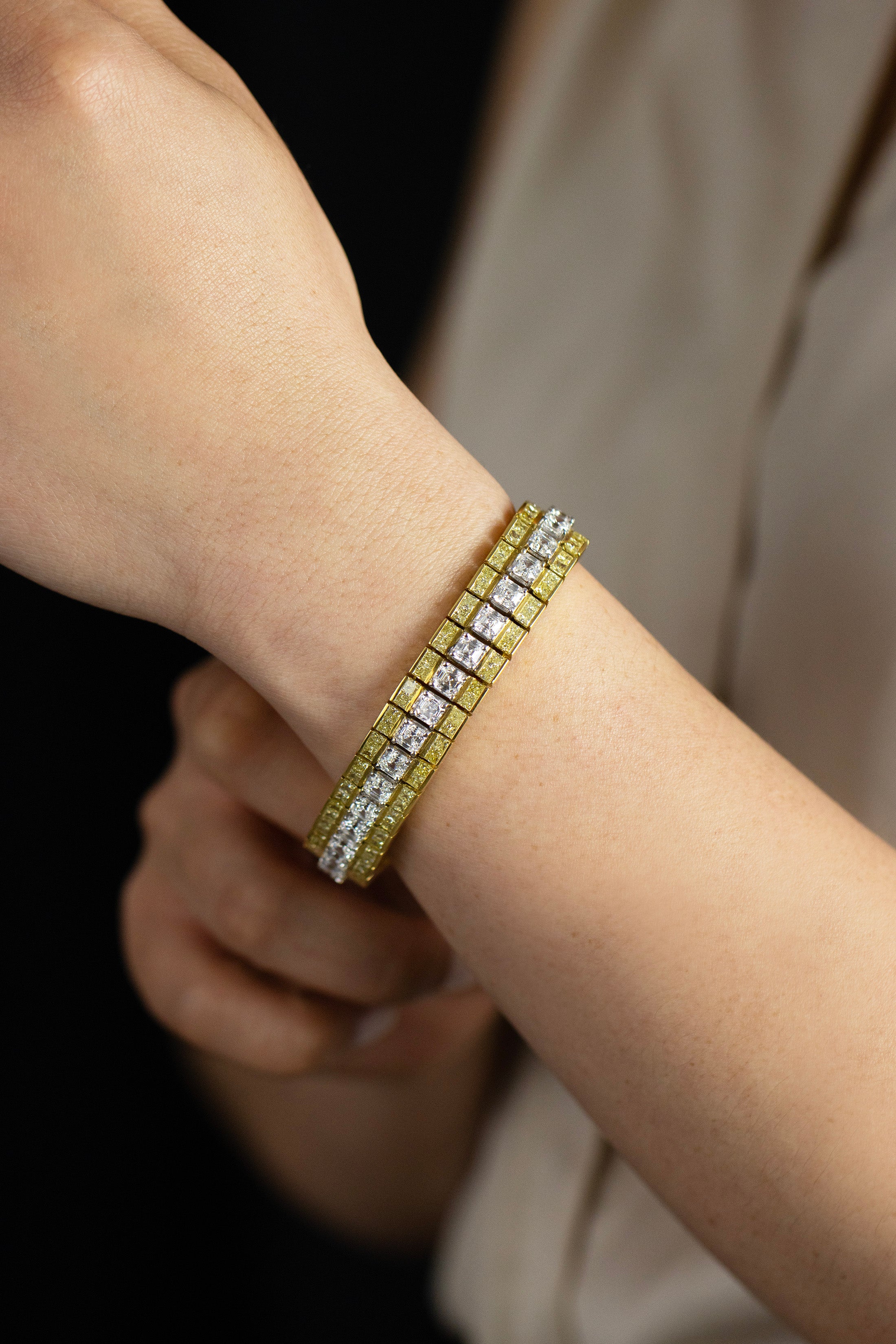 26.69 Carats Total Mixed Cut Yellow & White Diamond Fashion Bracelet in Two-Tone