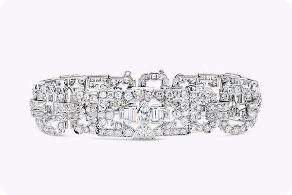 Antique Open-Work 14.30 Carats Fancy Cut Diamond Art Deco Bracelet in Platinum