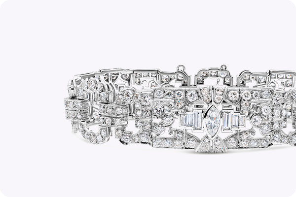 Antique Open-Work 14.30 Carats Fancy Cut Diamond Art Deco Bracelet in Platinum