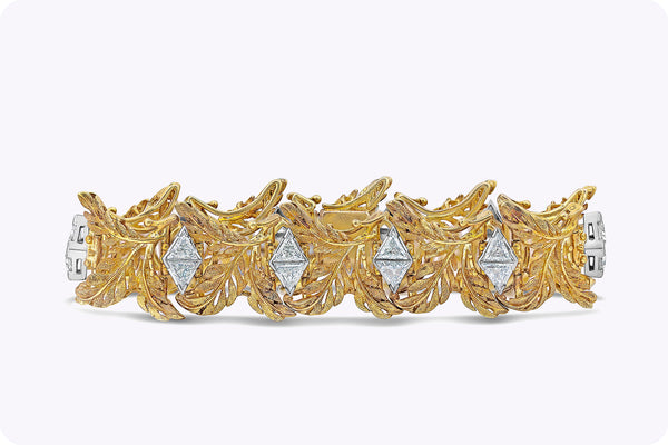 7.40 Carats Total Trillion Cut Diamond Golden Leaf Bracelet in Yellow Gold