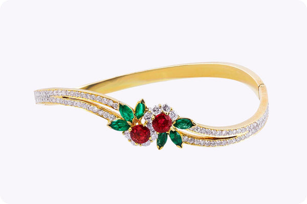 3.59 Carat Total Multi-Stone Flower Motif Gold Bangle Bracelet in Yellow Gold