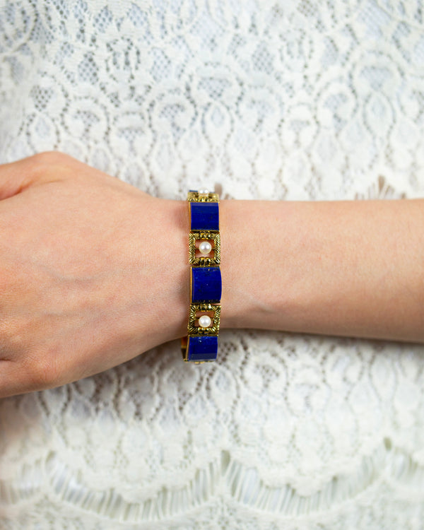 Lapis Lazuli Natural Pearl Yellow Gold Bracelet