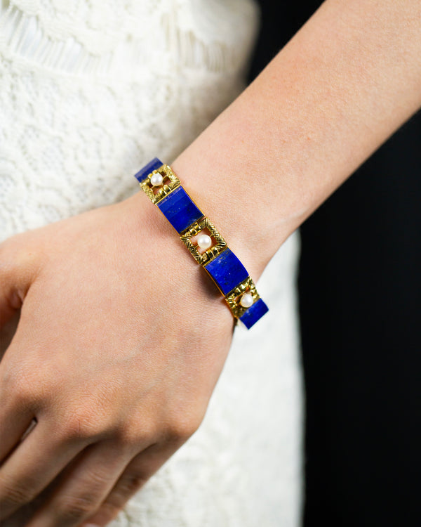 Lapis Lazuli Natural Pearl Yellow Gold Bracelet