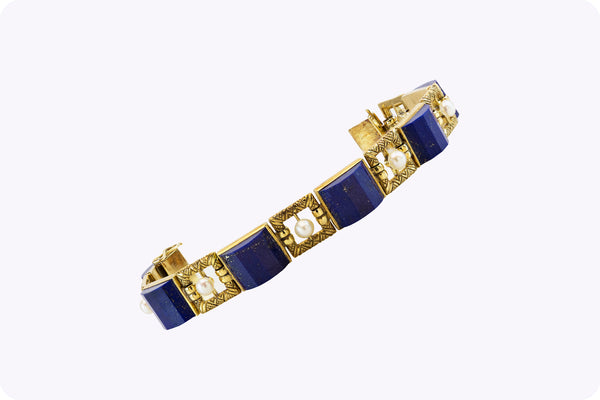 Lapis Lazuli Natural Pearl Yellow Gold Bracelet