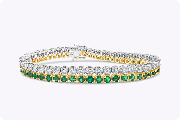 7.60 Carats Total Graduating Green Emerald and Diamond Bracelet in White Gold and Yellow Gold