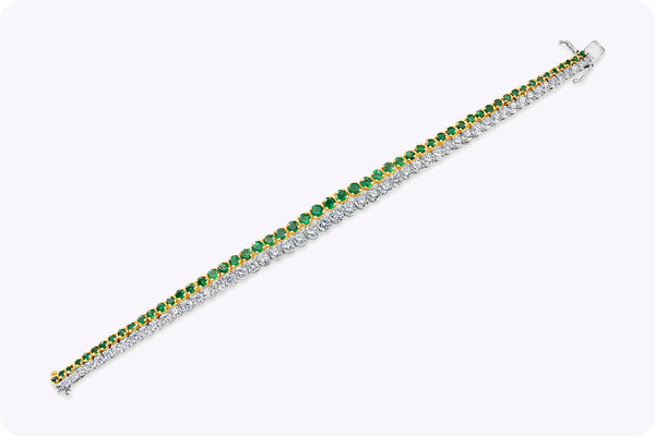 7.60 Carats Total Graduating Green Emerald and Diamond Bracelet in White Gold and Yellow Gold