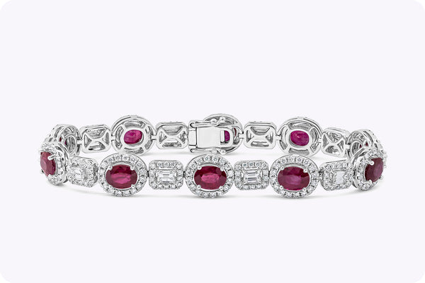 10.57 Carats Total Mixed Cut Ruby and Diamond Halo Tennis Bracelet in White Gold