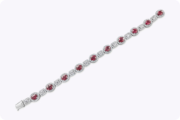 10.57 Carats Total Mixed Cut Ruby and Diamond Halo Tennis Bracelet in White Gold