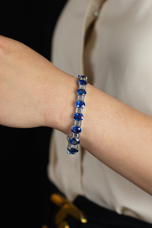 33.66 Carat Oval Cut Blue Sapphire & Diamond Fashion Bracelet in White Gold