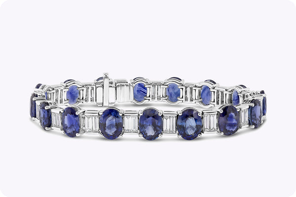 33.66 Carat Oval Cut Blue Sapphire with Diamond Tennis Bracelet in White Gold