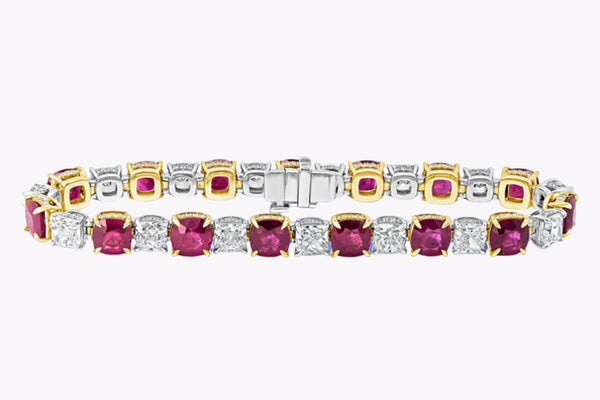 31.02 Carats Total Cushion Cut Burmese Ruby & Diamond Tennis Bracelet in Yellow Gold & Platinum