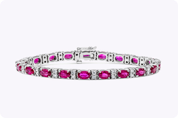 11.11 Carats Total Oval Cut Pinkish Ruby & Diamond Tennis Bracelet in White Gold