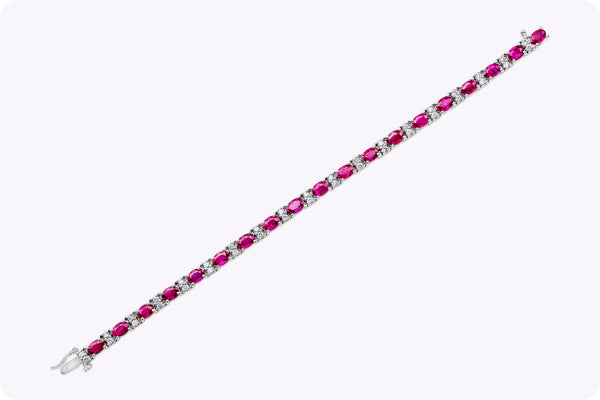 11.11 Carats Total Oval Cut Pinkish Ruby & Diamond Tennis Bracelet in White Gold