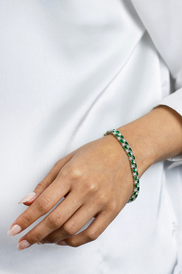 7.79 Carats Oval Cut Emerald Alternating with Diamond Two Row Tennis Bracelet in Two-Toned Gold