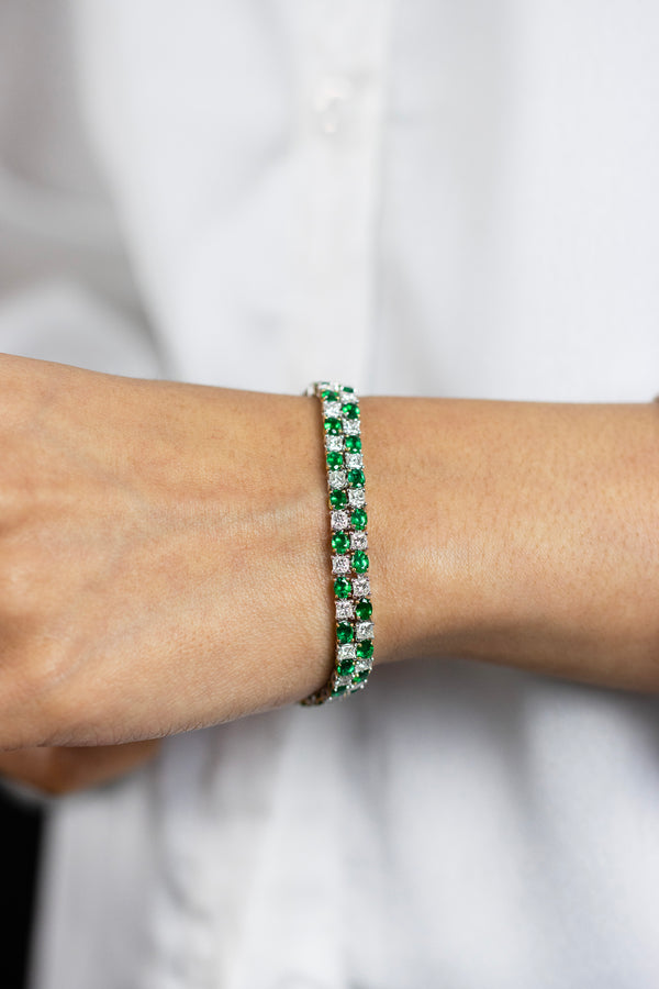 7.79 Carats Oval Cut Emerald Alternating with Diamond Two Row Tennis Bracelet in Two-Toned Gold