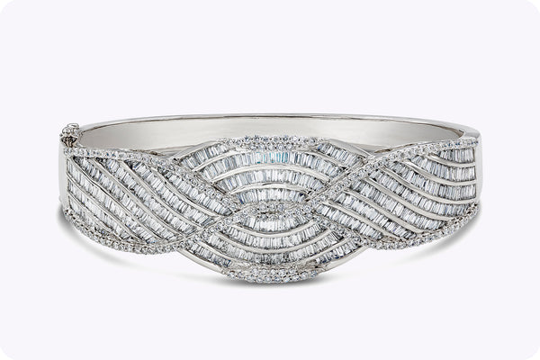 13.03 Carats Total Baguette and Round Diamonds Bangle Bracelet in White Gold