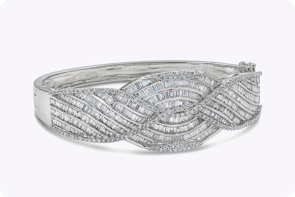 13.03 Carats Total Baguette and Round Diamonds Bangle Bracelet in White Gold