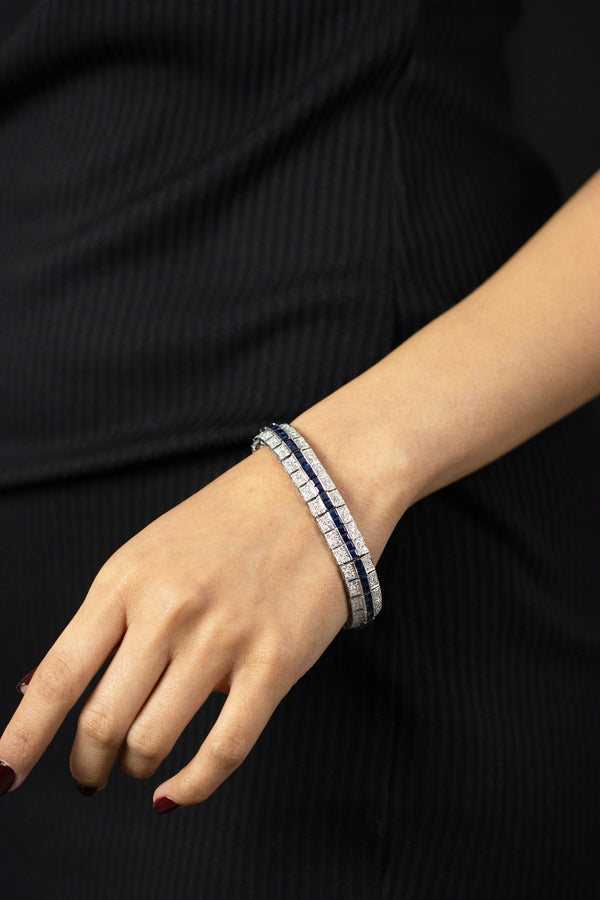 13.22 Carats Total Round Diamond and Square Cut Blue Sapphire Tennis Bracelet in White Gold