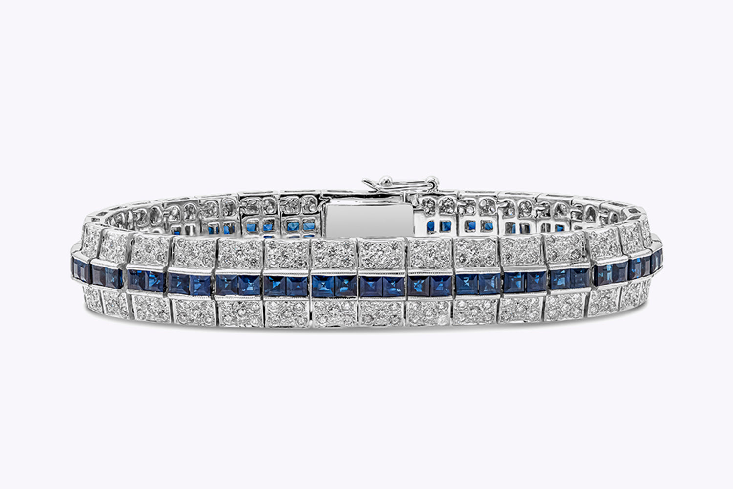 13.22 Carats Total Round Diamond and Square Cut Blue Sapphire Tennis Bracelet in White Gold