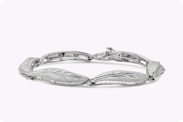 17.74 Grams White Gold Hand-Engraved Leaves Fashion Bracelet