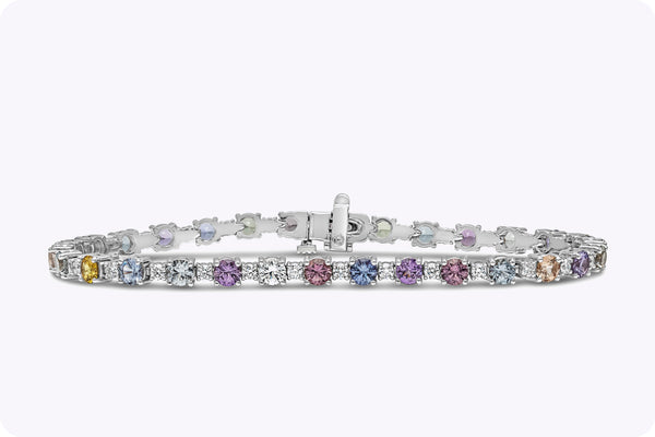 6.35 Carat Round Cut Multi-Color Sapphire with Diamond Tennis Bracelet in White Gold