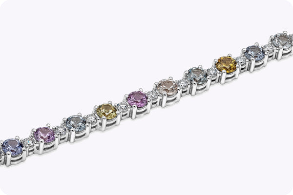 6.35 Carat Round Cut Multi-Color Sapphire with Diamond Tennis Bracelet in White Gold