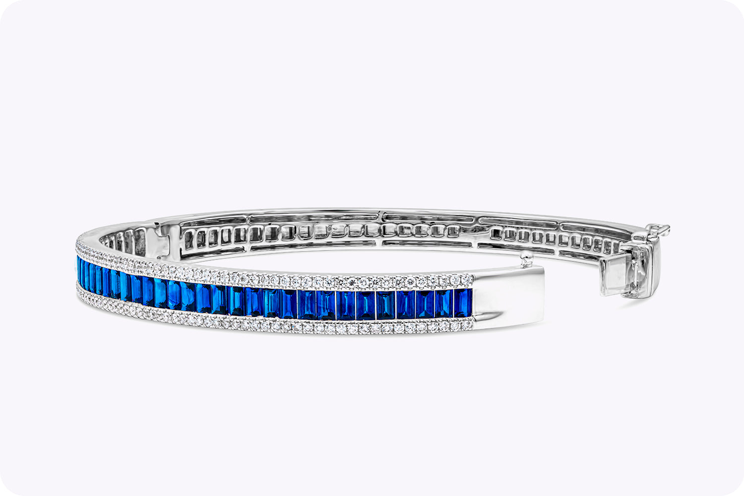 3.84 Carat Baguette Cut Sapphire with Diamond Bangle Bracelet in White Gold