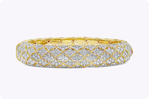 6.64 Carat Total Round Diamond in Floral Design Bangle Fashion Bracelet in Yellow Gold