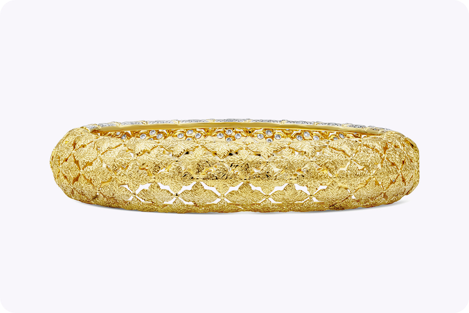 6.64 Carat Total Round Diamond in Floral Design Bangle Fashion Bracelet in Yellow Gold