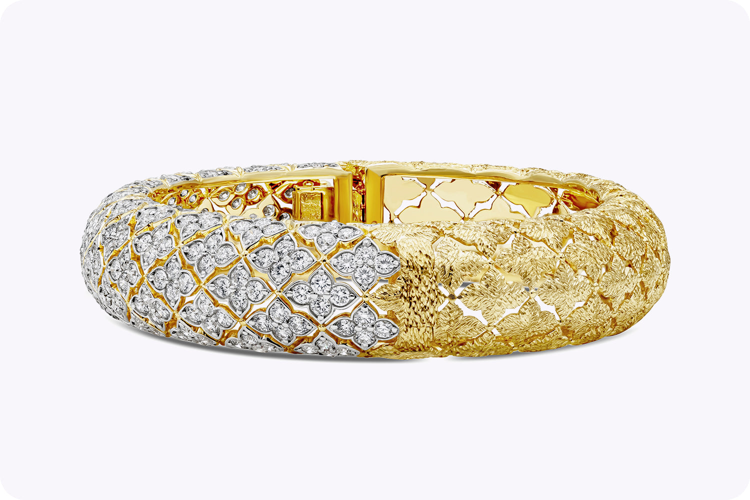 6.64 Carat Total Round Diamond in Floral Design Bangle Fashion Bracelet in Yellow Gold