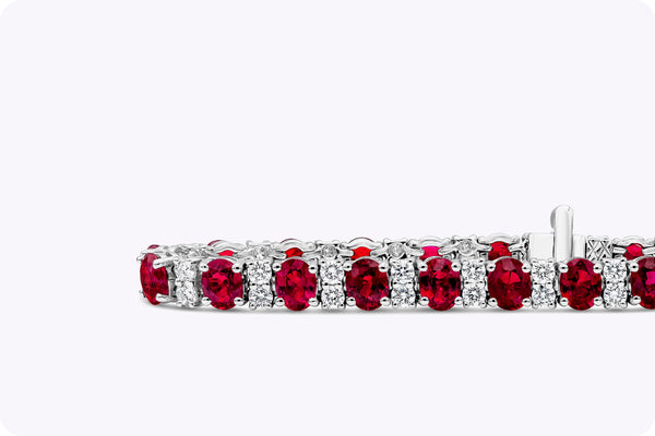 12.65 Carat Oval Cut Ruby with Round Diamond Tennis Bracelet in White Gold