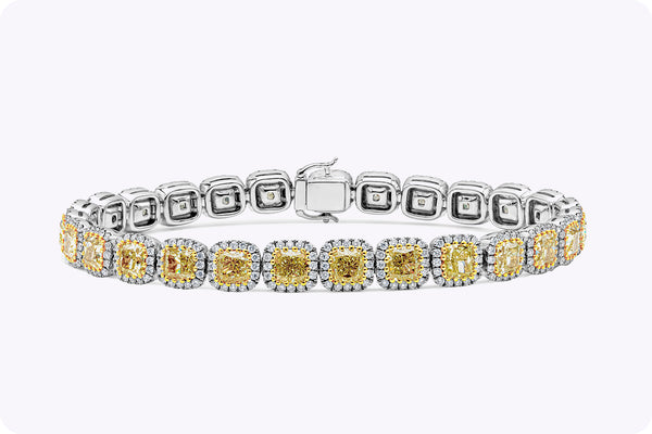 12.92 Carats Cushion Cut Fancy Yellow Diamond Halo Bracelet in Two Tone