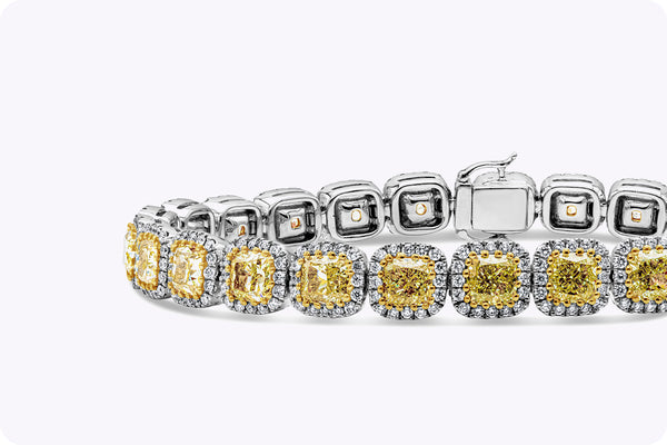 12.92 Carats Cushion Cut Fancy Yellow Diamond Halo Bracelet in Two Tone