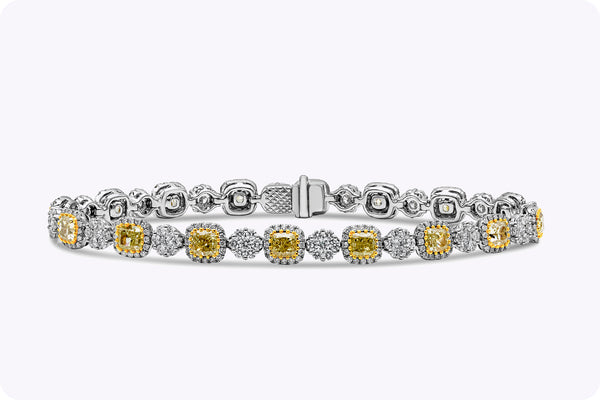 6.94 Carat Total Cushion Cut Fancy Yellow Color Diamond Halo Bracelet in Two Tone