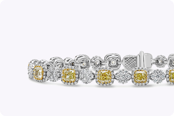 6.94 Carat Total Cushion Cut Fancy Yellow Color Diamond Halo Bracelet in Two Tone