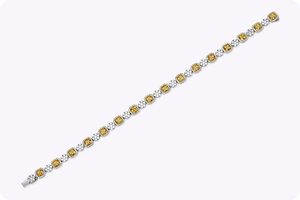 6.94 Carat Total Cushion Cut Fancy Yellow Diamond Halo Bracelet in Two-Tone Gold