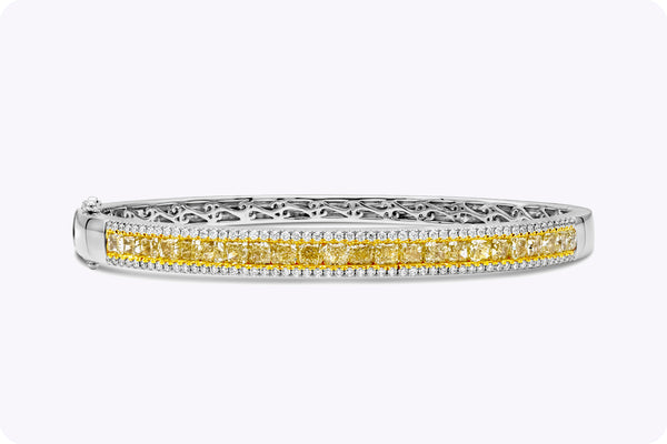 4.14 Carat Total Cushion Cut Fancy Yellow Color Diamond Bangle Bracelet in Two Tone