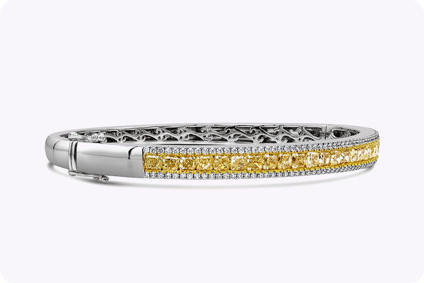 4.14 Carat Total Cushion Cut Fancy Yellow Color Diamond Bangle Bracelet in Two Tone