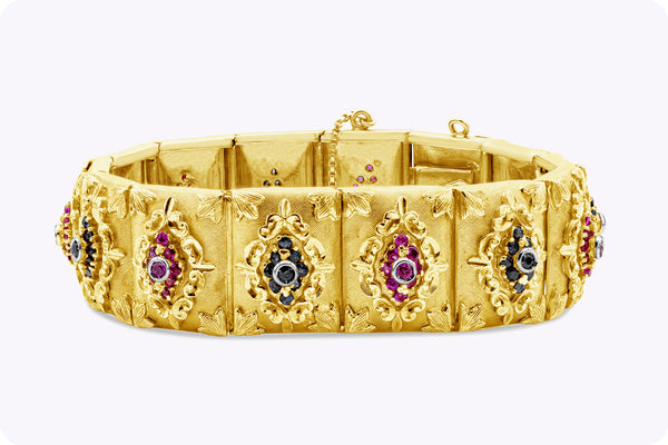 3.80 Carat Total Red And Blue Corundum Handcrafted Yellow Gold Bracelet