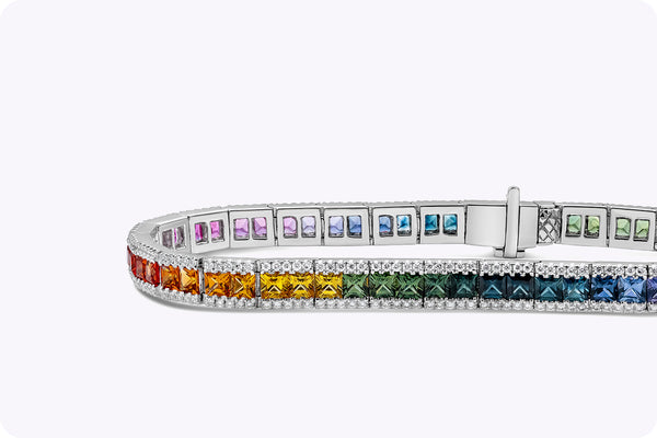 7.21 Carat Total Multi Color Princess Cut Sapphire with Diamond Tennis Bracelet in White Gold