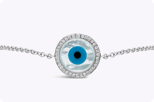 0.21 Carat Total Round Diamond Mother of Pearl Evil Eye Bracelet in White Gold